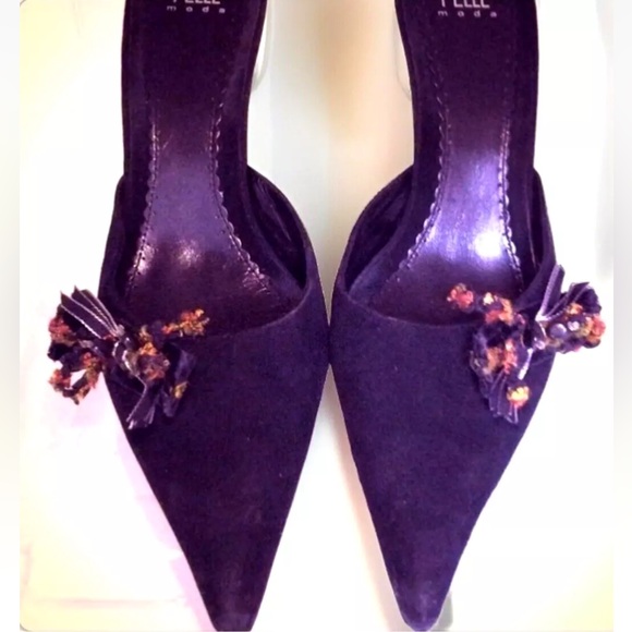 🖤PELLE MODA🖤 SUEDE POINTED SIDE BOW 3.5“ HEELS SLIDE-ON MULE SHOES EUC❣️ - Picture 8 of 12